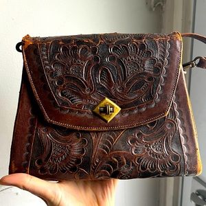Real tooled leather dark brown vintage bag